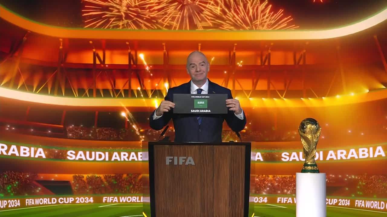 الإعلان الرسمي عن استضافة المملكة العربية السعودية لكأس العالم 2034 ملصق